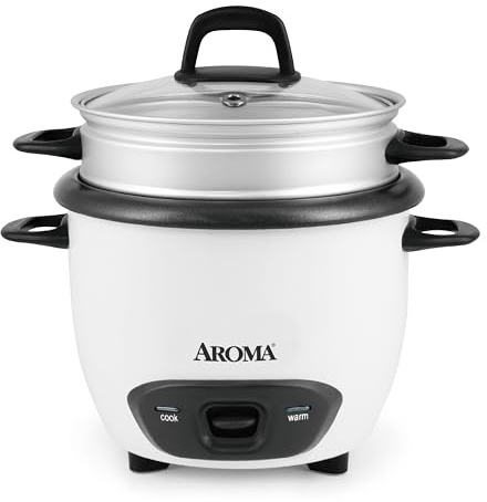 AROMA® Rice Cooker, 3-Cup (Uncooked) / 6-Cup (Cooked), Steamer, Small Rice Cooker, Oatmeal Cooker, Soup Maker, Auto Keep Warm, 1.5 Qt, White, ARC-743-1NG