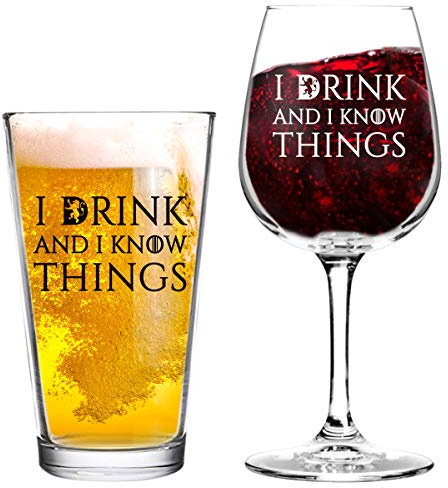 I Drink And I Know Things Beer and Wine Glass Set- Cool Present Idea for Bridal Shower, Wedding, Engagement, Anniversary and Couples - Him, Her, Mr. Mrs. Mom Dad
