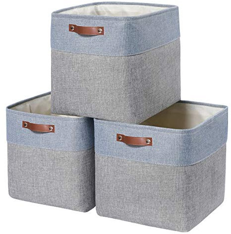 Mangata 25|28|30|33cm Aufbewahrungsbox Stoff, Aufbewahrungskorb für Regal, Korb Aufbewahrung, 3-er Pack, 33x33x33 cm, Grau Blau