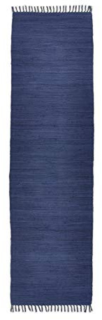 Theko Dhurry | Fleckerl | Flachgewebe-Teppich aus 100% Baumwolle; handgewebt, waschbar, beidseitig verwendbar | 70 x 250 cm; Blau | Happy Cotton