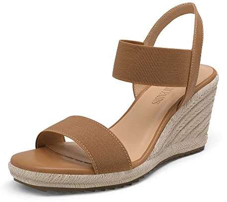 DREAM PARIRS Dam öppen tå Espadrillos uppklädda platåsandaler dra på elastisk ankelrem kilsandaler, Camel, 36 EU
