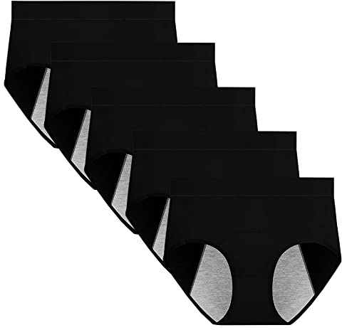 Anntry Menstruationstrosor för dam med medelhög midja, efter födsel-trosor, underkläder, läckagesäkra, 5-pack (måste användas med binda eller tampong), 5Black, XL