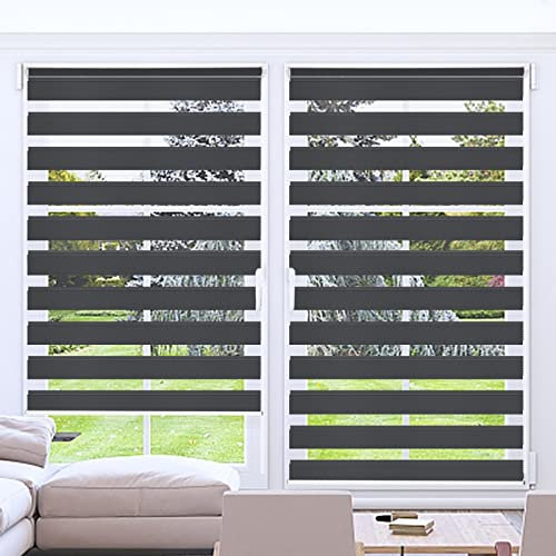 Kokorona Day and Night Blinds Zebra Roller Blinds for Windows, Dual Layer Fabric Zebra Blinds for Doors, Light Filtering Privacy Day Night Blinds, 100cm Wide x 230cm Drop, Dark Grey