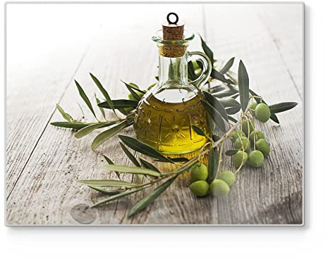 DEQORI Planche à découper en verre - Grande taille - 40 x 30 cm - Motif « huile d'olive avec branche d'olive » - Planche à découper design pour la cuisine - Planche à petit-déjeuner antibactérienne et