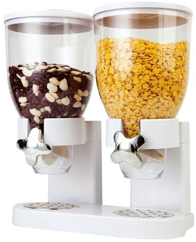 Double Cereal Dispenser Classic Dry Food Double Canister, Dry Food Dispenser Control Storage Container, Great for Cornflakes, Candy, Nuts, Beans, Granola - Kitchen Storage Dispenser, Lilac/White