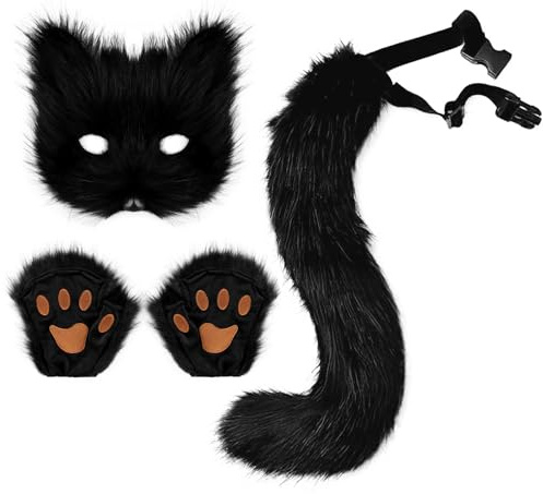 Adolala Faux Fur Fox Tail Cat Wolf Set Plush Mask Fluffy Paw Gloves Halloween Christmas Party for Women