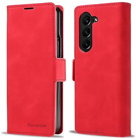 EYZUTAK Premium PU Leather Fold Folio Case for Samsung Galaxy Z Fold 5, Protective Case with Kickstand 3 Card Slot Holder Hidden Magnetic Closure Shockproof Durable Wallet Cover - Red