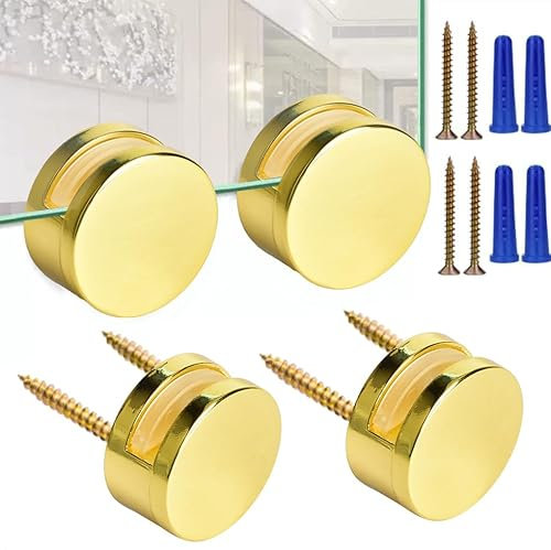 Lot de 4 accessoires de montage pour miroir sans cadre 3-5 mm - Kit de fixation à double vis avec longues vis et ancrages robustes - Doré