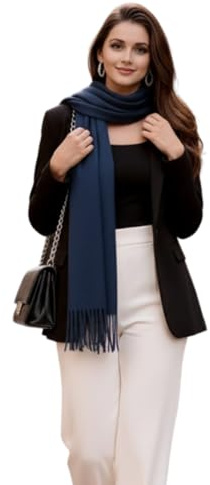 LA FERANI Écharpe en cachemire pour femme - Automne et hiver - 200x70 cm - Fine - En laine - Couleur unie - Cadeau pour elle, lilas, 185x65 (Blau Fonce)