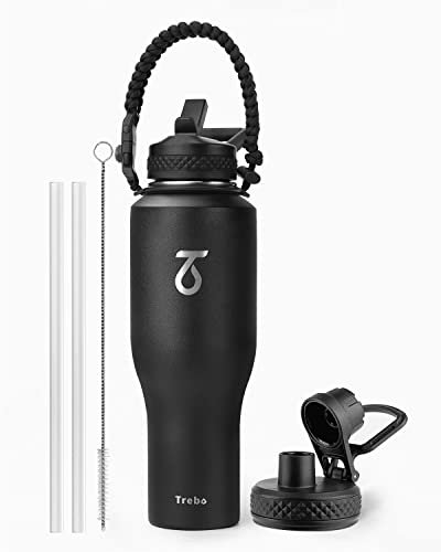 Thermobecher mit StrohhalmEdelstahl, Trebo Thermobecher 1l Kaffeebecher to go 40oz mit Strohhalm Tragbare Autobecher Becher Tumbler Kaffeetasse für Heißer und Kalter, Schwarz