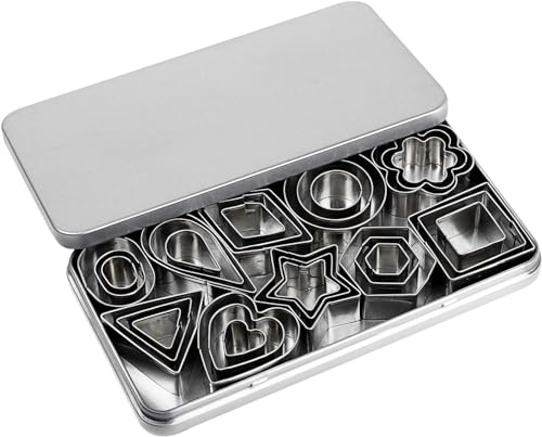 Mini Cookie Cutter Set, 30 Tiny Stainless Steel Cookie Stamps of Rectangle Square Heart Star Triangle Round Tiny Circle for Out Pastry Dough, Pie Crust & Fruit, Fondant