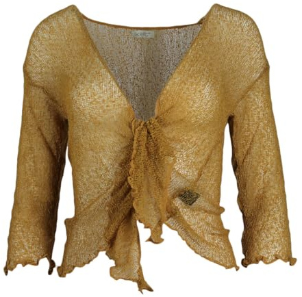 Kiran Fashion Womens Tie Up 3/4 Sleeve Ladies Fine Knit Bolero Cropped Stretchy Shrug Top Jacket Cardigan One Size (UK, Alpha, One Size, Regular, Regular, Gold)