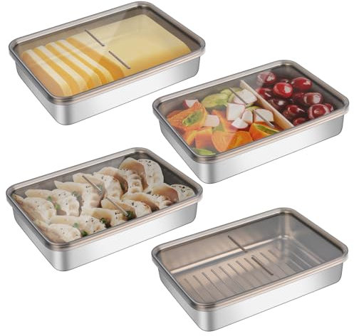 Leiortufa Set mit 4 Aufschnittbox Fresh, Lebensmittel Aufbewahrungsbox, Kühlschrank Organizer, Stapelbare Edelstahl-Box, Geschirrspüler Gefrierschrank für Käse,Fleisch (Mit transparentem Deckel)