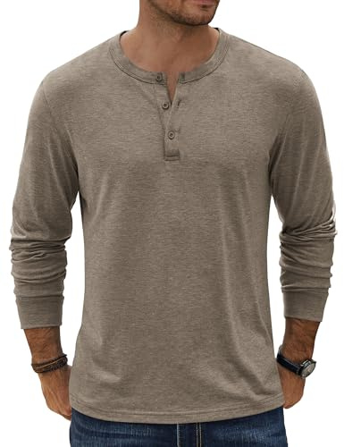 COOFANDY Men's Henley Shirts Long Sleeve Casual Vintage T-Shirt Lightweight Soft Stretch Tees Fall Henley Pullover Tops Khaki