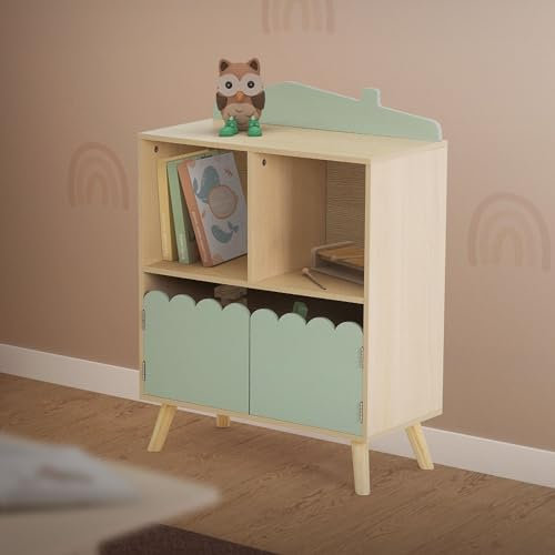 Joyz Kinderregal mit 3 Fächern, Bücherregal aus Holz, 60x30x82 cm, Grün-Natur, Spielzeugregal Haus-Design, Holzregal stehend für Kinder, Aufbewahrungsregal Kinderzimmer Möbel Standregal Kinderschrank