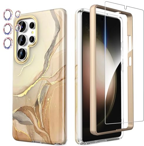SHEDEER 4-in-1 Samsung Galaxy S25 Ultra Case with Screen Protector + Bumper & Camera Protector | Military-Grade Shockproof 360° Protection, Glossy Fade-Resistant Pattern Design Phone Cases (Beige)