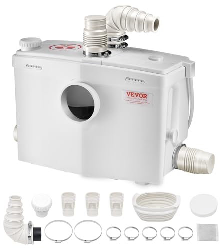 VEVOR Pompe de Macération, 1200 W, Pompe Macérateur Sanitaire 4 Entrées Eau, 180 L/min, Hauteur Refoulement 10 m, Élimination Eaux Usées pour Toilettes, Sous-sol, Douche, Évier, Buanderie, Baignoire