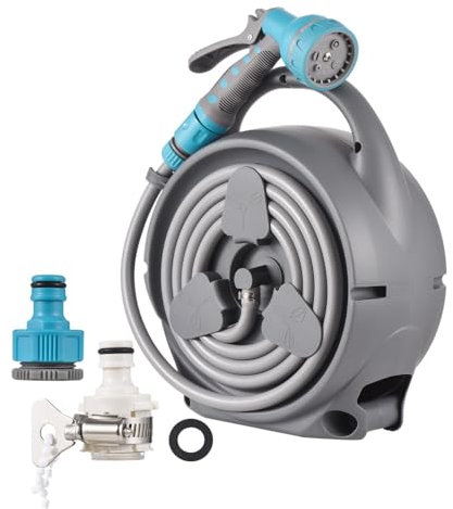 Enrouleur de tuyau d'arrosage rétractable de 100 m avec buse de pulvérisation réglable 7 fonctions/adaptateurs, système de rembobinage manuel pour arrosage de jardin/cour, lavage de voiture