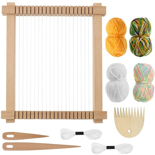 Ghshanog Wooden Weaving Loom Kit,28x24CM Craft Set Weaving Frame,Handicraft Loom Set with 4 Coloured Yarns,Combs and Shuttles,Suitable for Beginner & Kids for Blankets Pillowcases Scarves