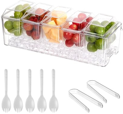 Chilled Condiment Server，Taco Bar Serving Set for Party，15.3 Condiment Serving Platters with 5 Separate Lids and Removable Compartments, Set of 5 Serving Spoons & 2 Clips (5 Containers, 1 pack)