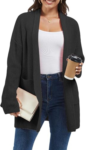crazy bean Cardigan Donna Invernale Lungo Maglione con Tasche Lunga Lavorare in Maglia Aperto Giacca Elegante Nero L