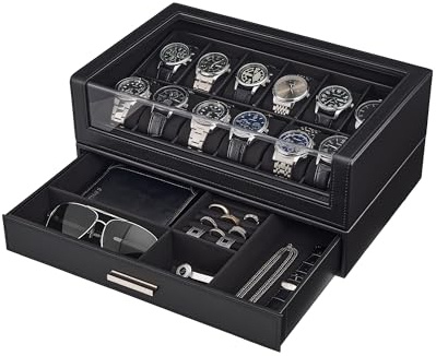 ProCase Coffret Montres Homme 12 Emplacements, Vitrine Transparente en L, Boîte à Montres avec Tiroir, Organisateur Élégant pour Collection de Montres et Accessoires -Noir