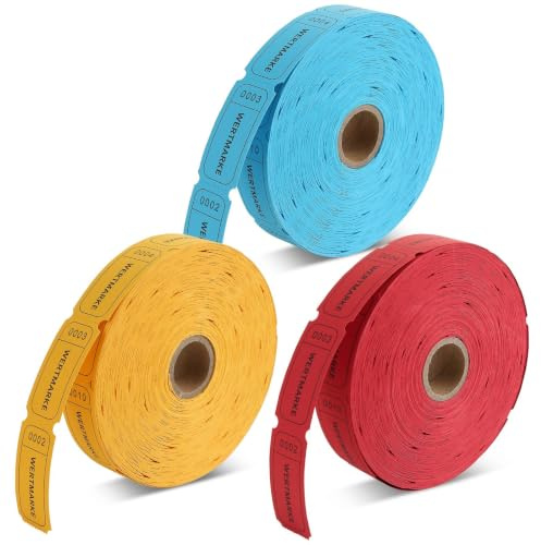 Lot de 3000 rouleaux de étiquettes de valeur, rouleau perforé pour étiquettes alimentaires | Numérotées en continu de 1 à 1000 - Pour tombola, bars, mariages, fêtes, magasins (rouge, jaune, bleu)