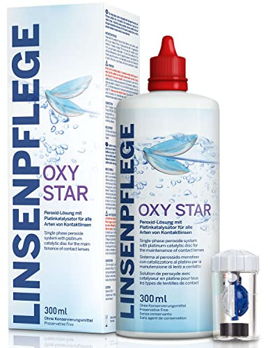 Linsenpflege Oxystar Pflegemittel – mit Platinkatalysator - 300 ml Kontaktlinsen Flüssigkeit zur Pflege von allen weichen und harten Kontaktlinsen. Ohne Konservierungsmittel inkl. Behälter