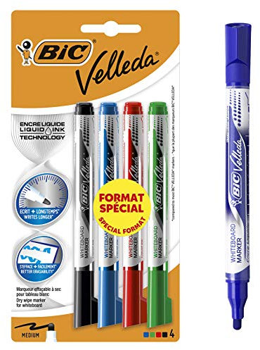 BIC Velleda Feutres pour Tableau Blanc Effaçables à Sec Pointe Conique Large - Couleurs Assorties, Blister Format Spécial de 4 - 1 Unité