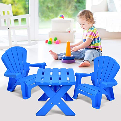Costzon Kids Table and Chair Set, Outdoor Toddler Activity Table and Adirondack Chairs for Picnic, Garden, Patio, Backyard & Beach, Kids Outdoor Table and Chair Set (Blue)