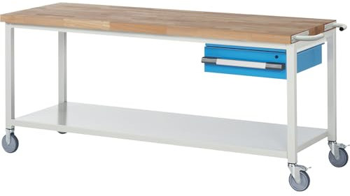 eurokraft | Fahrbare Werkbank Serie 8000 | Gestellbauweise | 1 Hängeschublade | Ablageboden | BxT 2000 x 700 mm