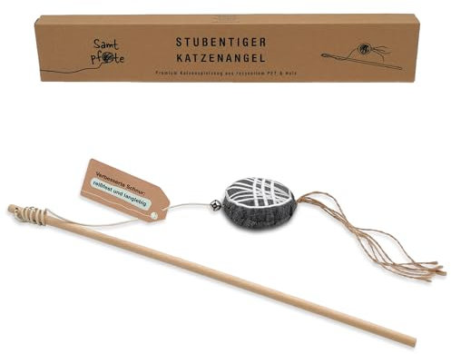 Samtpfote® Katzenangel - Katzenspielzeug aus stabilem Buchenholz & recyceltem Material - Neue Schnur - nachhaltige Katzenangel mit großem robustem Kratzkissen und Glöckchen zur Katzenbeschäftigung