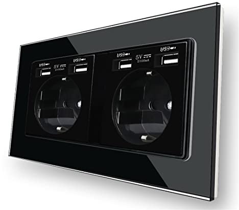 Mur Double 16A Prise avec Ports de Charge USB 5V 2A AC 110V ~ 250 V Panneau de Verre en Cristal trempé Noir Panet Standard EU Socket Standard EU Socket (4 USB) 110-250V