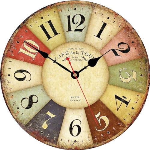 VIKMARI 30 CM Bois Horloge Murale Vintage Horloge Murale Cuisine Silencieuse à Quartz sans Tic-tac Paris Français Decoration Rétro Style Décorative pour Chambre Salon Bureau Café Bar