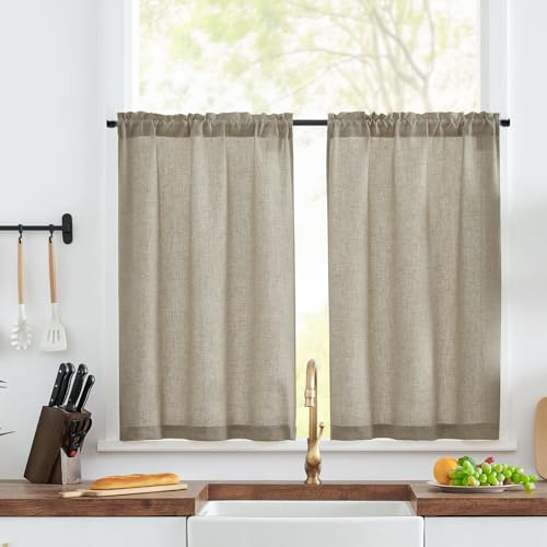 TOPICK Tende cucina lino Passante tenda da bistrot porta finestra balcone stile country roulotte 2 pezzi corte semi-trasparenti rustiche soggiorno doccia tenda per interni 65L x 90A cm, Marrone