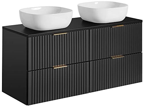 Lomadox Badmöbel Waschtisch Set, 120cm Unterschrank matt schwarz gerillt, 2 Keramik-Waschbecken, 4 Softclose-Schubkästen, B/H/T 120,6/73,7/46,5 cm