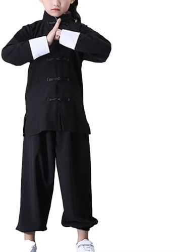 Kung-Fu-Anzug für Unisex-Kinder, langärmelig, schwarz, Kampfsport, Taichi, traditionelle Performance-Uniform, Weiße Bündchen, 7-8 Jahre