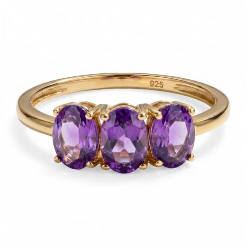 TJC Three Stone Trilogy Ring for Women 925 Sterling Silver 18K Yellow Gold Vermeil Plated, Amethyst February Birthstone Anniversary Engagement Promise Ring Jewellery Gift for Her Size P