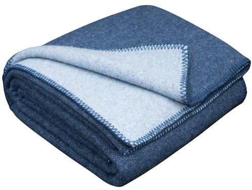 LYHome Merinoull Filt - Nyzeeländsk Fårull Extra Varm för Camping, Bil, Picknick Armé och Militär. Utomhusfilt att Sova och Mysfilt för Vardagsrummet (150 x 215 cm | Ljusblått - Blått Dubbelsidig)