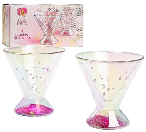 Paris Hilton 2-Piece Martini Glass Set, Double Wall Glass Design, Great for Martinis, Cocktails, Cosmopolitans, Margaritas, 207mL, 7-Ounce, Iridescent with Glitter Hearts