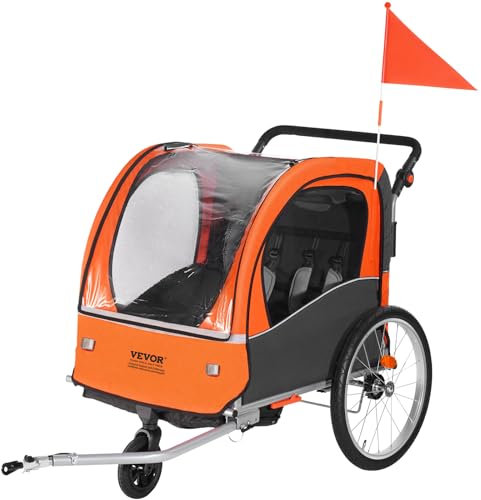 VEVOR Fahrradanhänger, Kinderfahrradanhänger Doppelsitz, 45 kg Tragkraft, 2-in-1- Kinder Anhänger Buggy, umbaubar in Kinderwagen, Faltbarer Kinderfahrradanhänger zum Ziehen von Fahrradkupplung