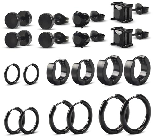 TAIHOBO Mens Earrings Studs, 10 Pairs of Hypoallergenic Men's Earrings, 5/6/8/9/10/13/14mm Stainless Steel Cubic Zirconia Black Earring for Men Women, Can Be Worn at Christmas Birthday Parties ＆ Daily