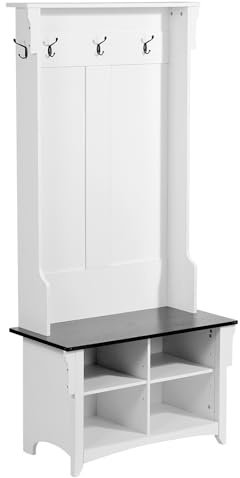 VEVOR Porte-Manteau en Bois, Meuble d’Entrée avec Banc et Rangement pour Chaussures, Support Manteau sur Pied, Vestiaire avec Étagères Réglables, 5 Crochets et Bande Lumineuse USB, pour Couloir