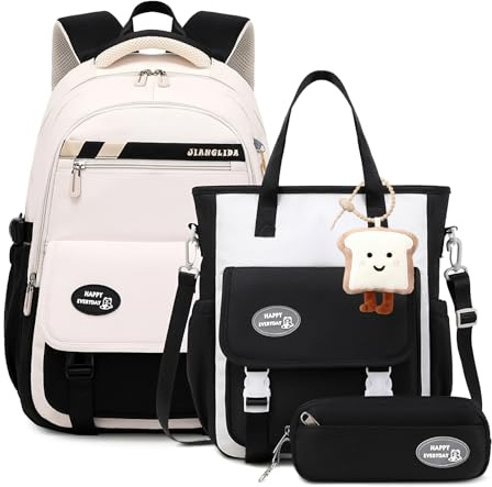 Tanou Sac a Dos College Fille Cartable Adolescente, Ensemble de Sacs d'école Filles avec Sac à Bandoulière et Trousse à Crayons, Cartables Scolaires Sac à Dos Décontracté, Noir