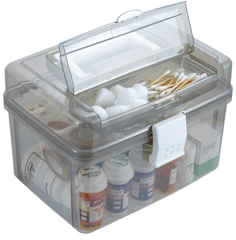MyGift 10 Inch First Aid Transparent Gray Bin with Clear Removable Tray, Quick Access Lid Flap and Carrying Handle, Portable Emergency Kit, Medical Supply Travel Tote, Medicine Storage Box Container