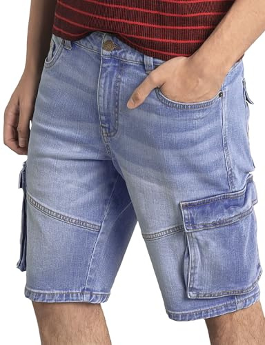 Enorsia Mens Blue Denim Cargo Shorts – Stretch Vintage Wash Jean Shorts with Multiple Pockets, Button & Zip Fly, Belt Loops – Casual Summer Workwear (Sky,36)