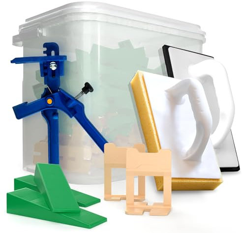 Kronen-Hansa Tile Levelling Kit, Laying Aid for Tiling, 1 mm Joint Width, 100 Pull Tabs, 100 Wedges, Pliers, Grout Board for Grouting and Hydrosponge Washboard