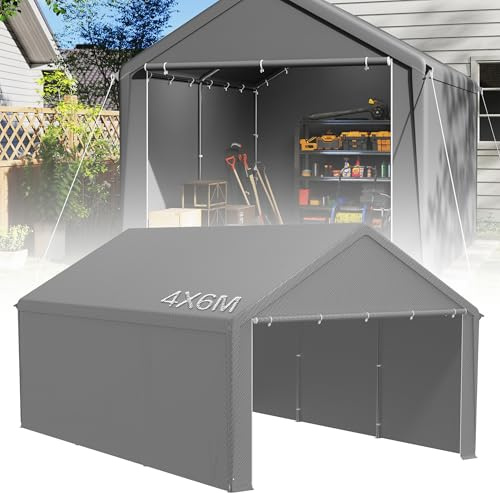 YRHome Tente de stockage 4x6 m avec toit en PE Tente industrielle en PVC imperméable et résistante aux déchirures pour voiture, SUV, camion, bateau et stockage mobile - Gris