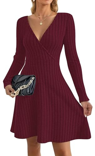 AUSELILY Abito lavorato a maglia da donna, autunno, leggero, a maniche lunghe, con scollo a V, abito invernale linea A, elegante, abito autunnale, lunghezza al ginocchio, abito midi, abito pullover