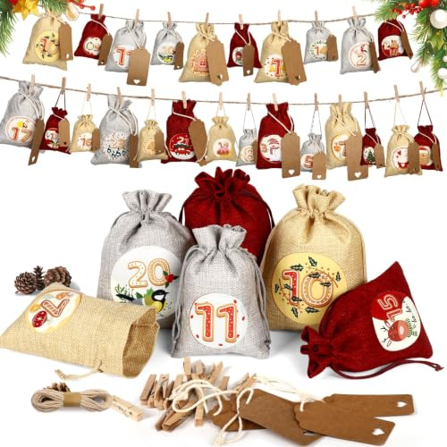 Omtofo Calendario de Adviento 2025 para rellenar, grande y pequeño, con 24 bolsas de tela, bolsas de yute de 13 x 18 cm, 10 x 15 cm, incluye cuerda de cáñamo, pinzas de madera, colgante con números